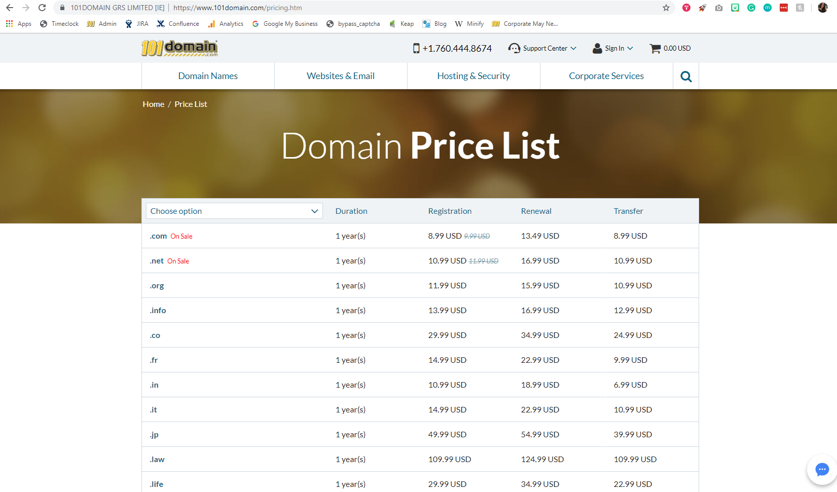 101domain price list including domain transfers