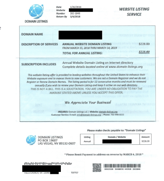 Domain Listings LLC fake invoice