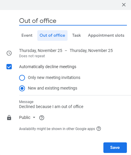 Google Calendar out of office