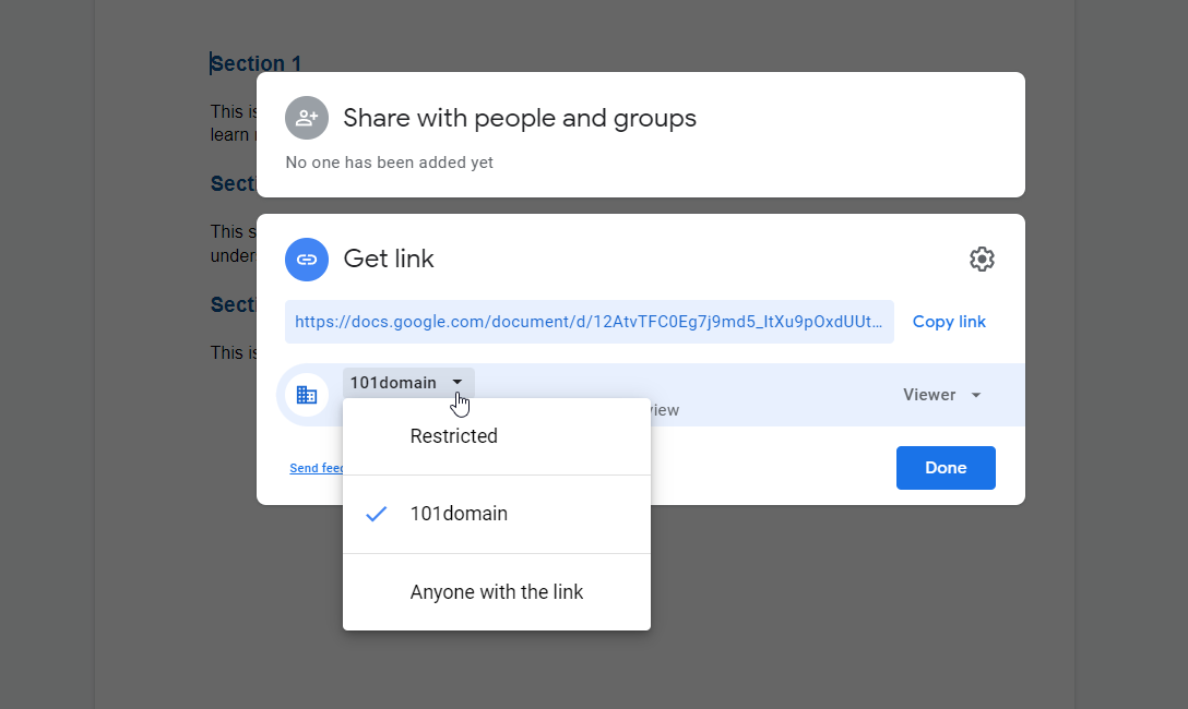 Google Docs sharing settings